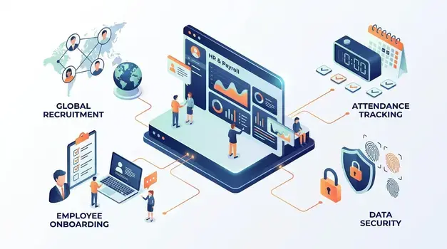 Modern vector isometric illustration of Hrmtaila digital human resource management and automated payroll platform.