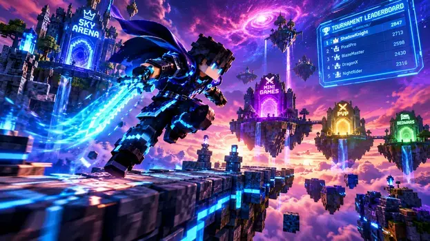 Hypackle Game featuring a voxel warrior battling across a neon sky arena