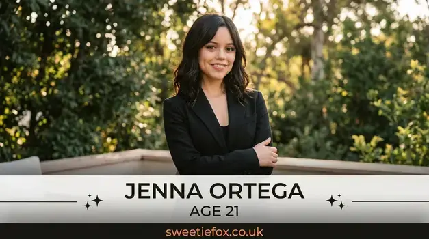 Jenna Ortega portrait displaying age details and sweetiefox.co.uk watermark