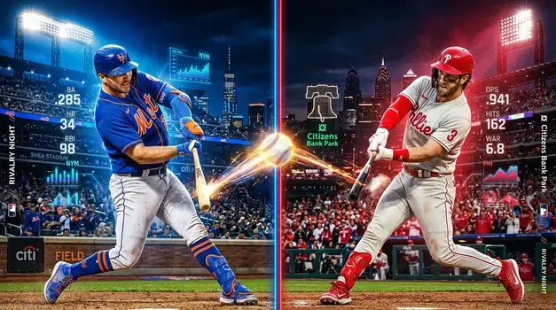 Mets vs Phillies match player stats showing batters from both teams mid-swing under stadium lights during their NL East rivalry game