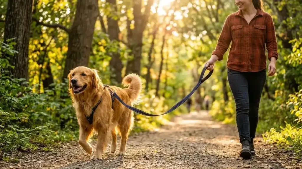 A golden retriever walking comfortably on an adjustable 9.7.4 leash with reflective stitching and a padded handle along a sunlit park trail