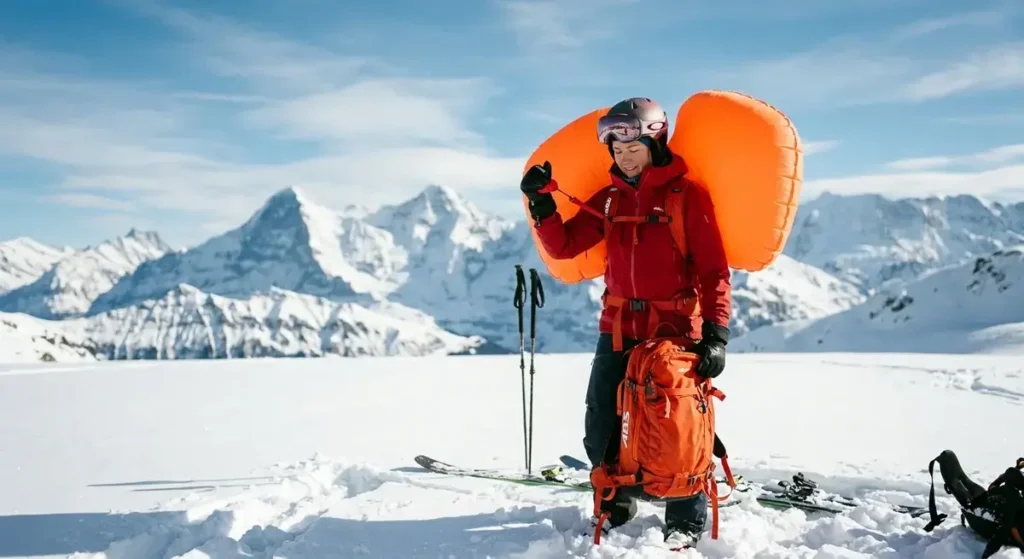 Backcountry skier in winter gear testing an ABS avalanche airbag deployment during an annual ABS Testauslösung safety check.