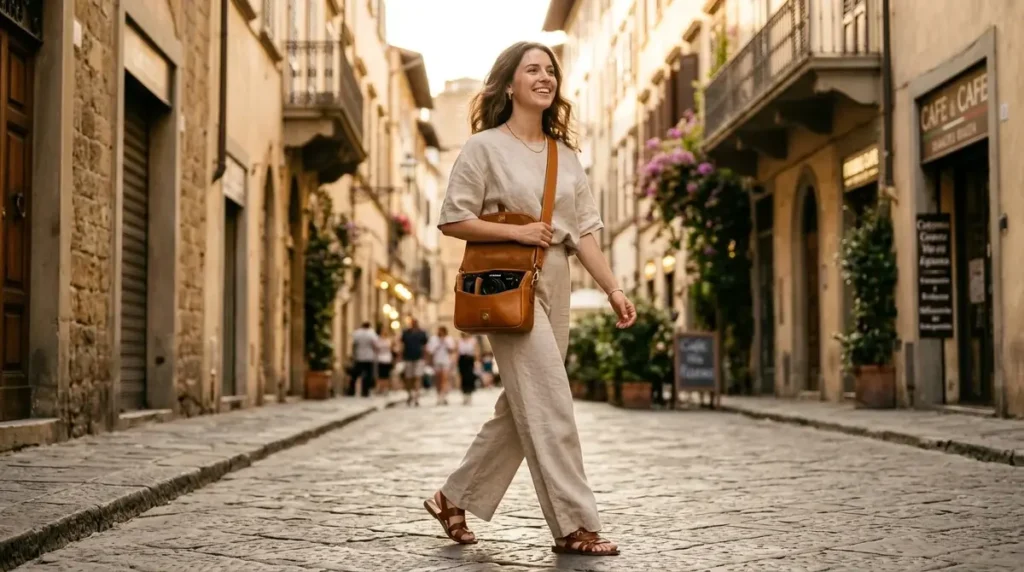 Stylish tan leather almost perfect camera bag purse worn crossbody on a cobblestone street with mirrorless camera and lens visible inside