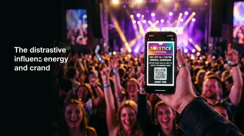 Bilieter app displaying digital event tickets on a smartphone with a concert crowd glowing in the background