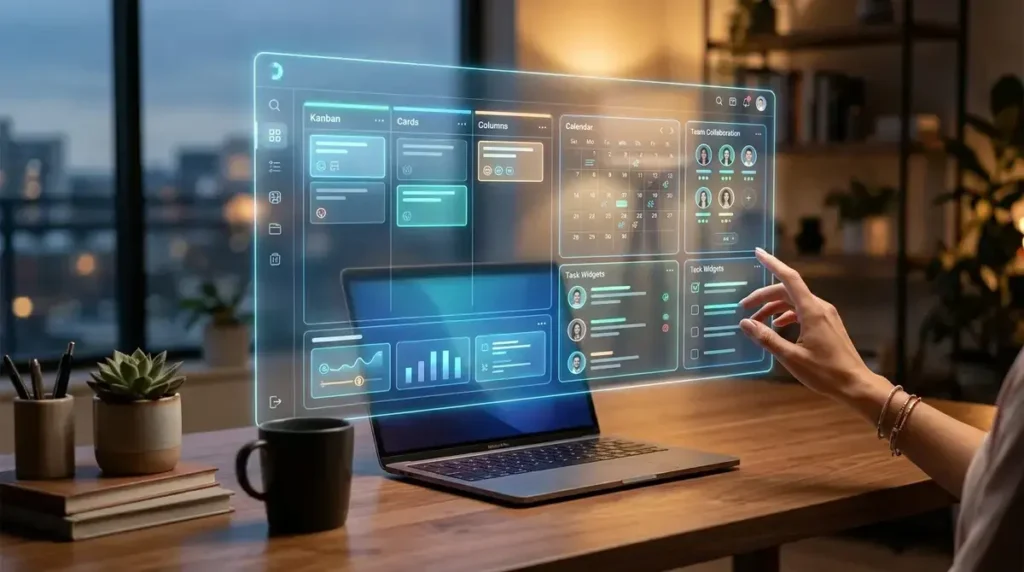Modern BodenXT dashboard interface showing project boards, task timelines, and team collaboration tools on a floating holographic screen above a desk