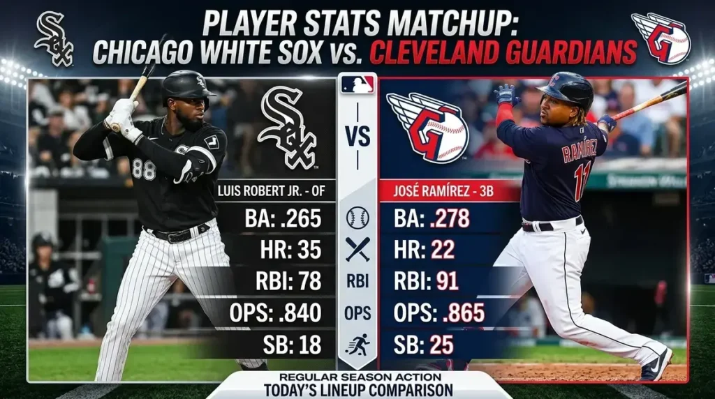 Chicago White Sox vs Cleveland Guardians match player stats graphic showing a slide into second base at Progressive Field