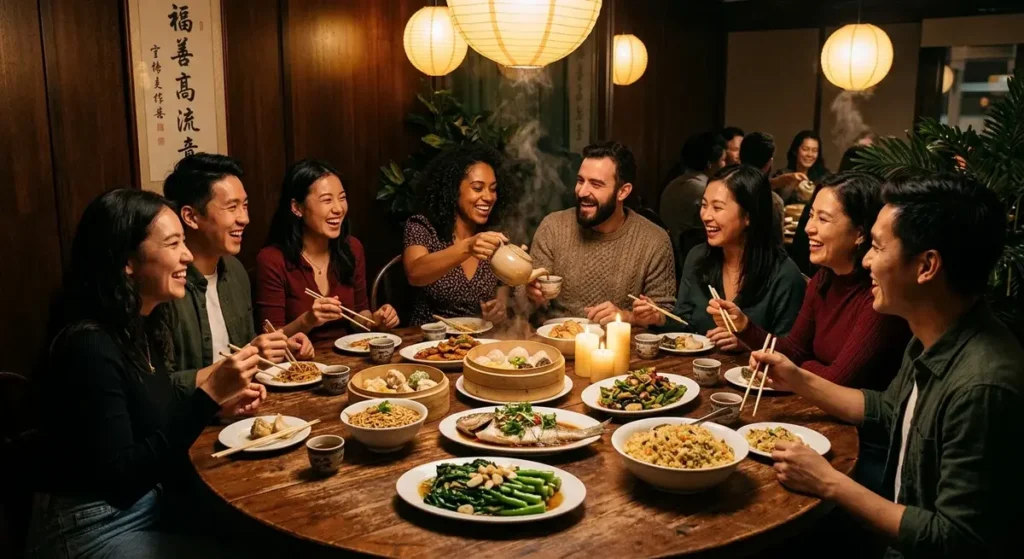 A diverse group of friends laughing together around a round table filled with shared family-style dishes at a club pui gathering in a warm private dining room