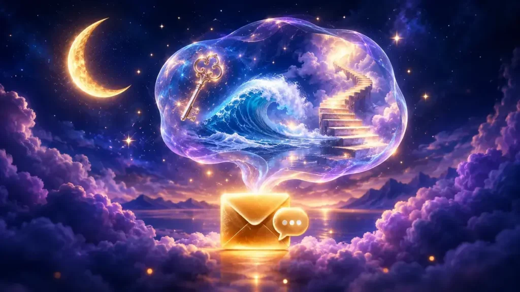 Dreammeaniing.com contact page showing dream interpretation support with glowing moon and envelope icon