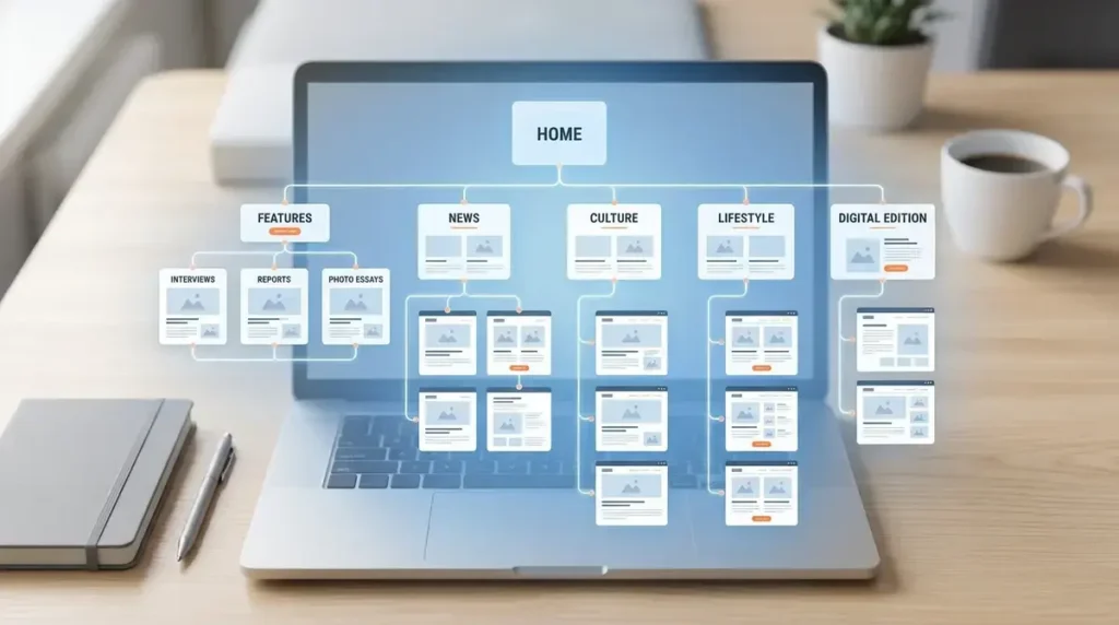 Fentomagazine com sitemap showing the full website navigation structure with connected category pages and article links on a laptop screen