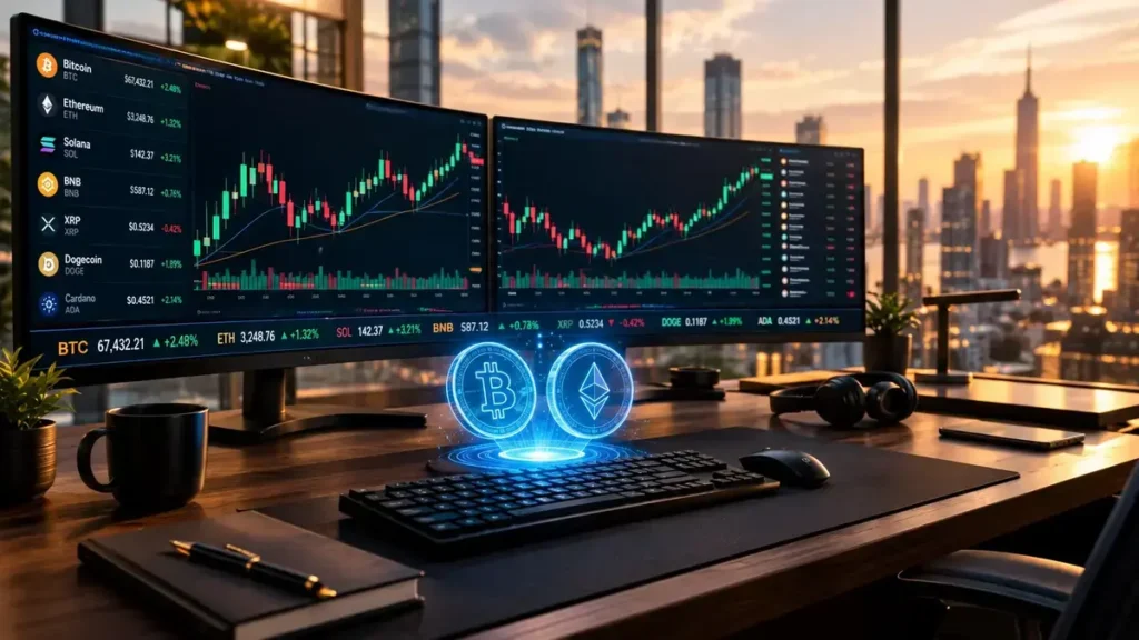 FintechZoom.com financial dashboard showing live cryptocurrency prices and stock market charts on dual monitors
