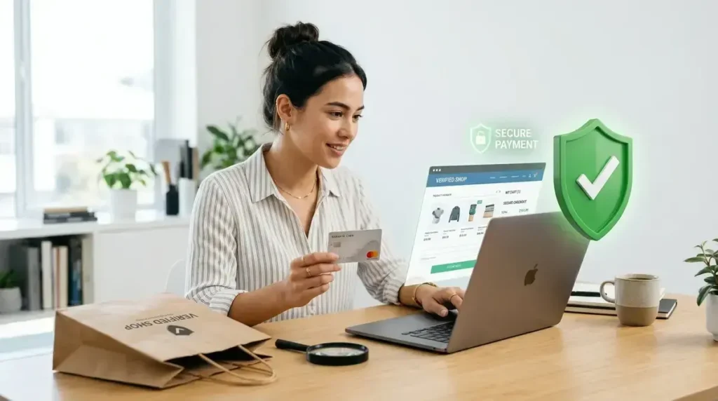 Glorvix.com online site buyer's guide with laptop, trust shield and safety checklist for USA shoppers