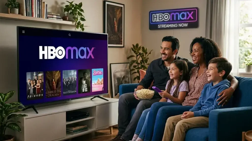User completing an HBO Max login on a laptop screen with a smart TV and streaming app interface in the background