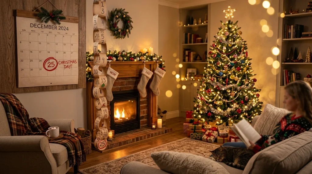 Christmas countdown calendar showing how many days until Christmas with a decorated tree and paper chain