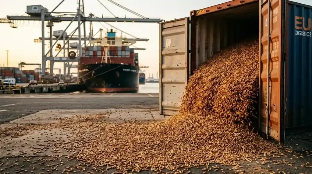 Bulk wood pellets being unloaded at a shipping port, illustrating the global importpellet trade and biomass supply chain