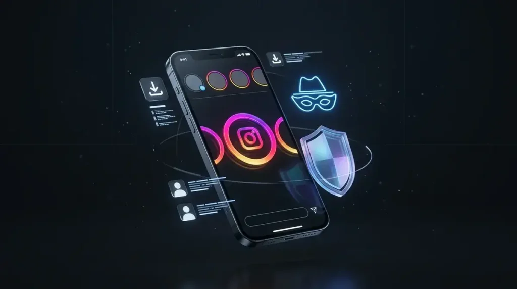 instagram story viewer interface on a mobile screen with privacy shield icons for anonymous browsing