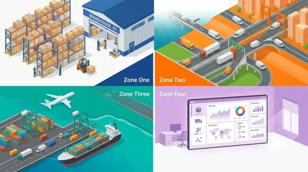 Logistics business category classification diagram showing warehouse, trucking, shipping, and supply chain management zones