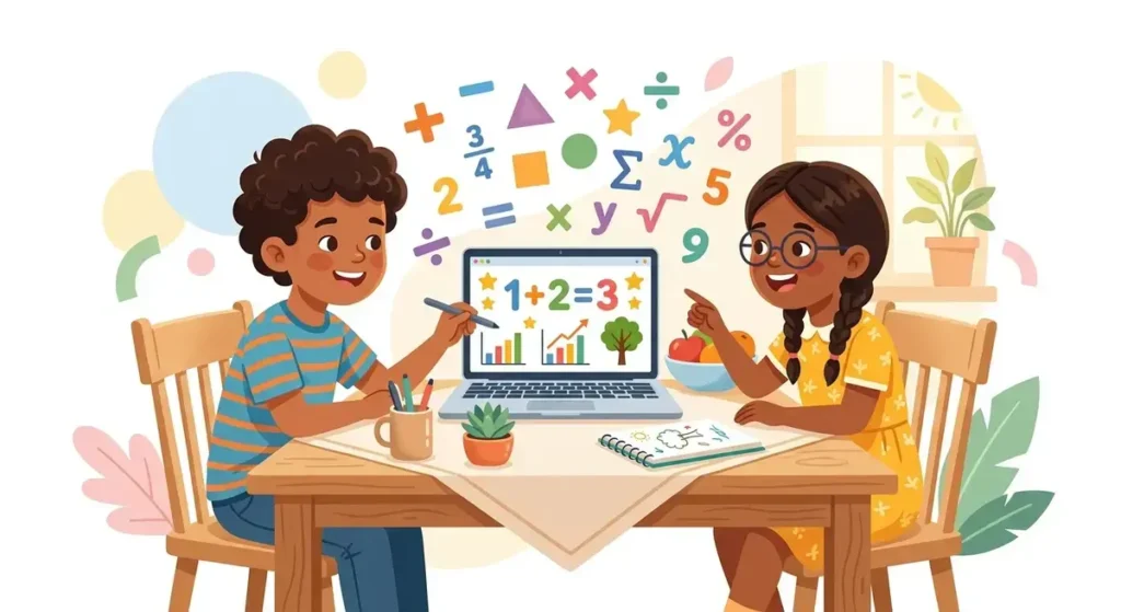 Two children smiling while playing interactive math games on MathPlayZone on a laptop at home