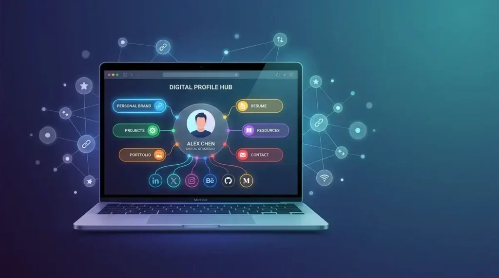 Nemin.io dashboard interface showing a centralized digital hub with connected social media links, profile branding, and analytics overview on a modern laptop screen