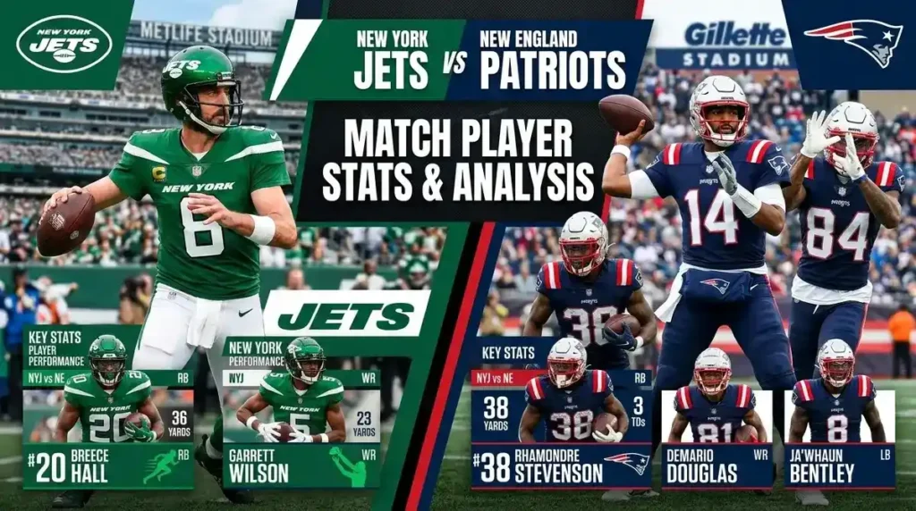 New York Jets vs. New England Patriots match player stats graphic featuring quarter-by-quarter player performance and key highlights.