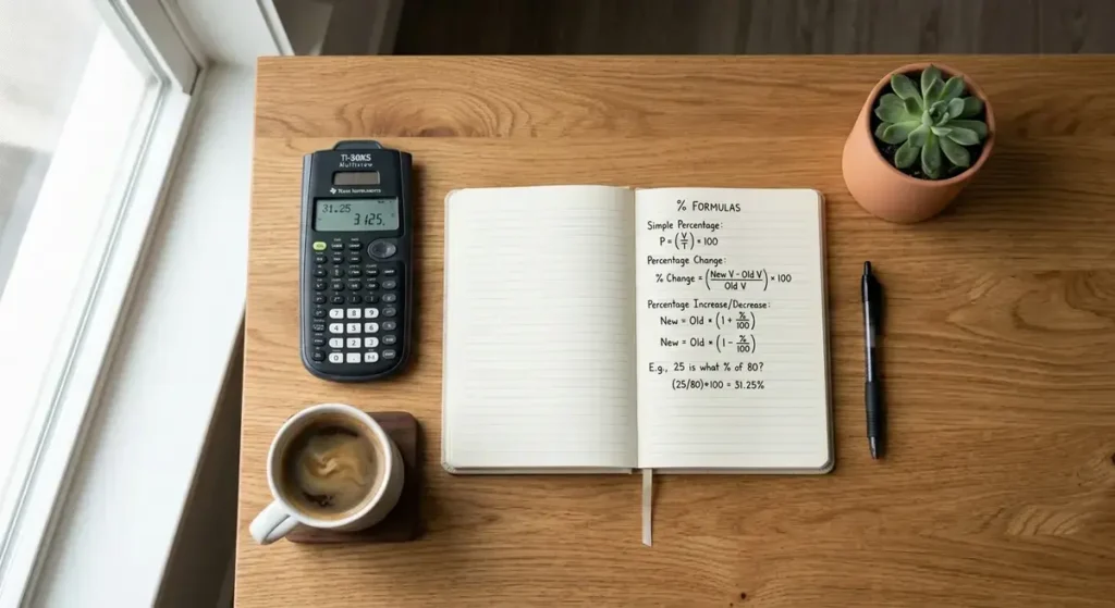 Percentage calculators hub workspace with calculator notebook and formulas