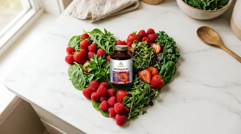 Provascin cardiovascular supplement bottle surrounded by heart-healthy foods on a marble surface
