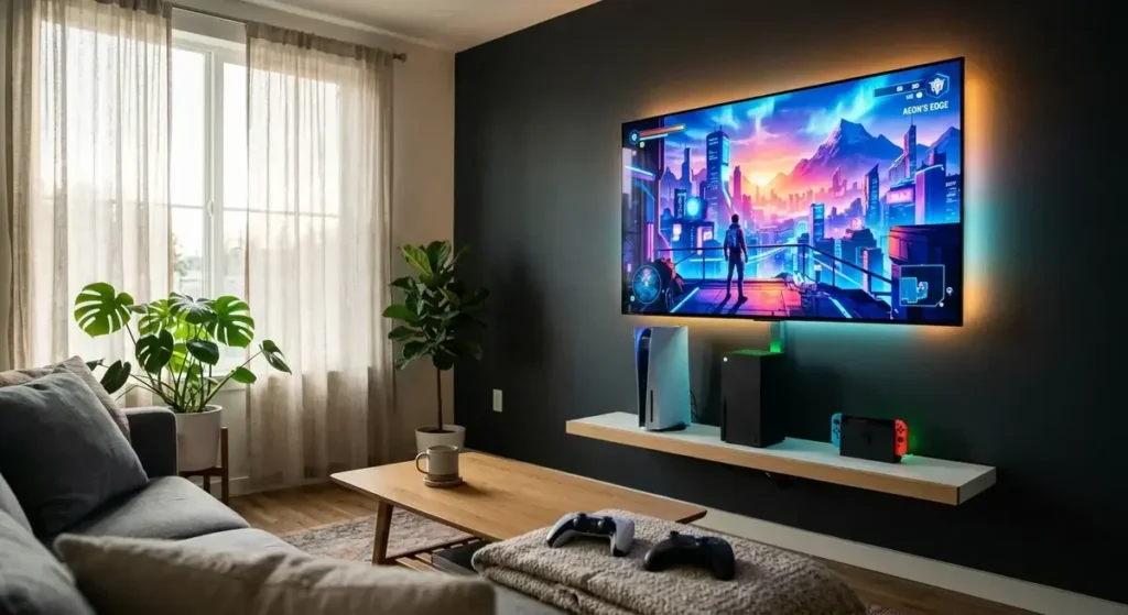 Quikconsole com gaming setup with PS5 Xbox Series X and Nintendo Switch on a modern entertainment center