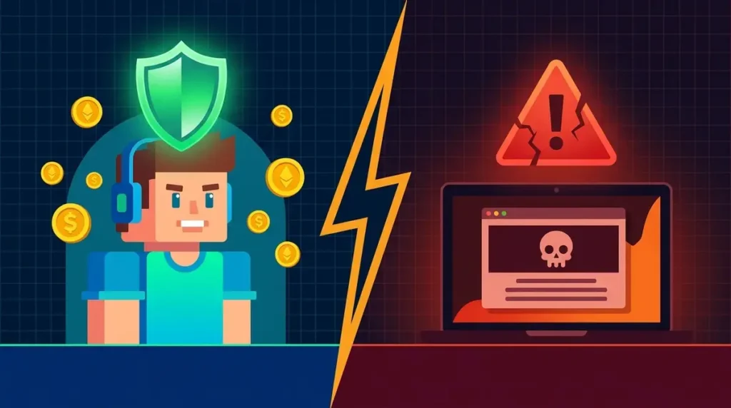 Split illustration showing a green security shield protecting a blocky gaming avatar on the left and a red warning symbol over a suspicious laptop screen on the right representing the robuxizz.com safety review