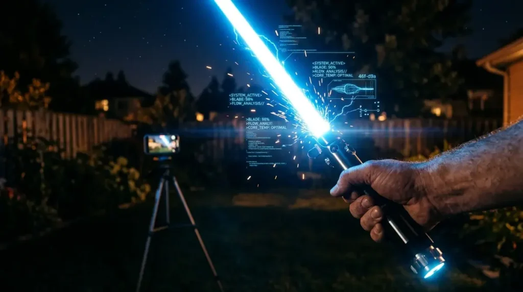 star wars movie fx maker codes glowing blue lightsaber effect filmed on iPhone in backyard at night