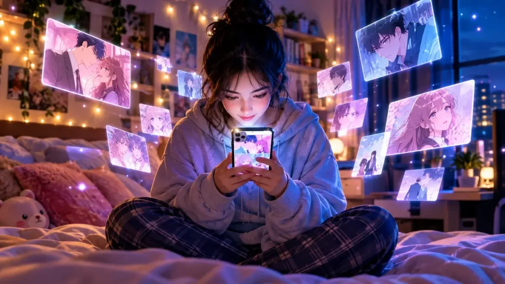 Teach Me First free manhwa reading guide showing a reader enjoying colorful webtoon chapters on a smartphone at night