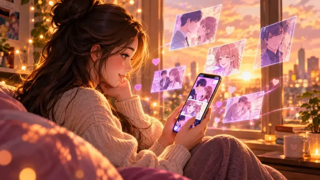 Reader enjoying Teach Me First romance webtoon on Honeytoon app with glowing smartphone screen showing colorful manhwa panels