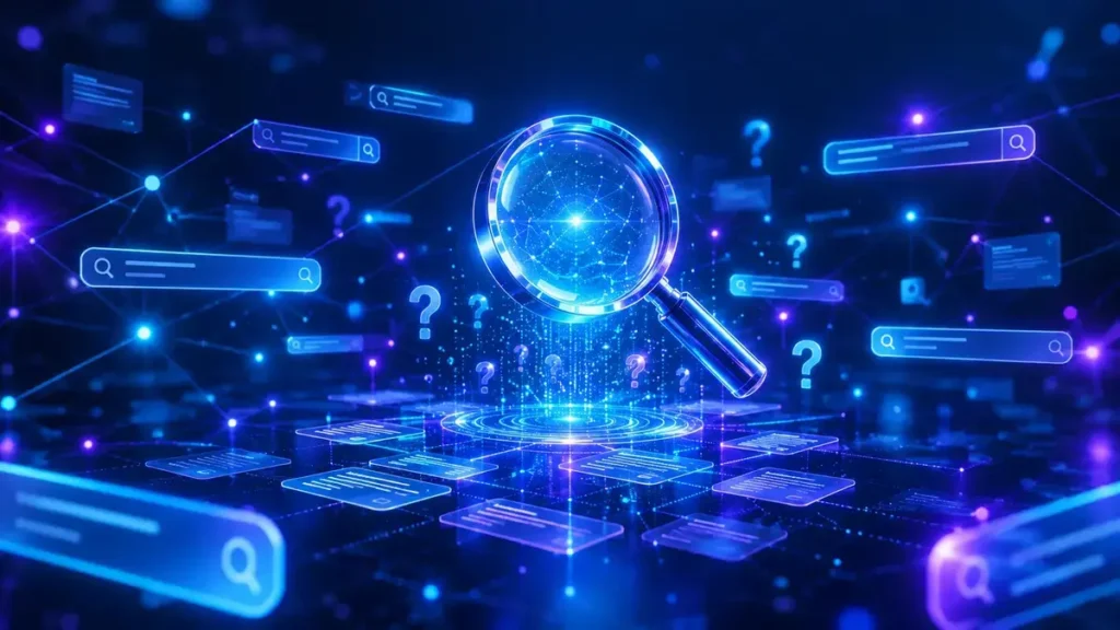 Glowing digital search landscape representing the Transjoaimo online discovery process with interconnected data nodes and holographic query elements