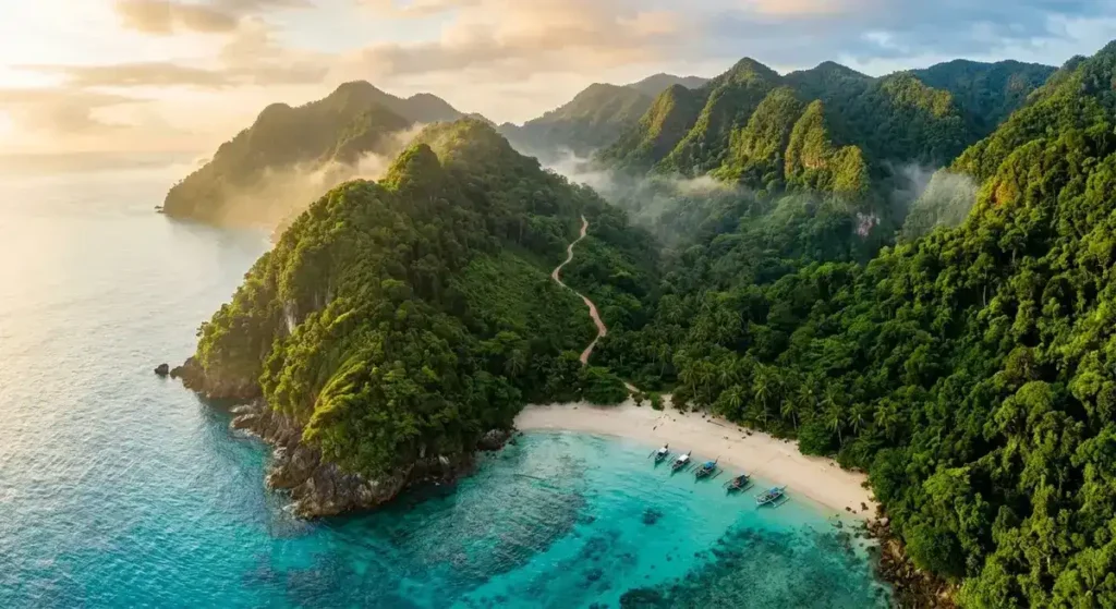 Tsunaihaiya hidden coastal destination with green forested mountains meeting turquoise ocean waters and a secluded white sand beach at golden hour