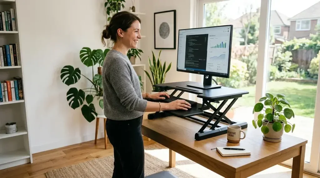 A woman standing at a home office desk using a black adjustable riser desk converter with a monitor and keyboard tray