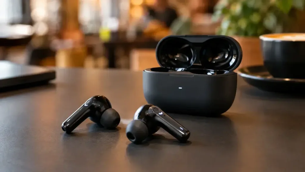 Winbridge Lux01pk wireless earbuds displayed next to their open charging case on a dark surface