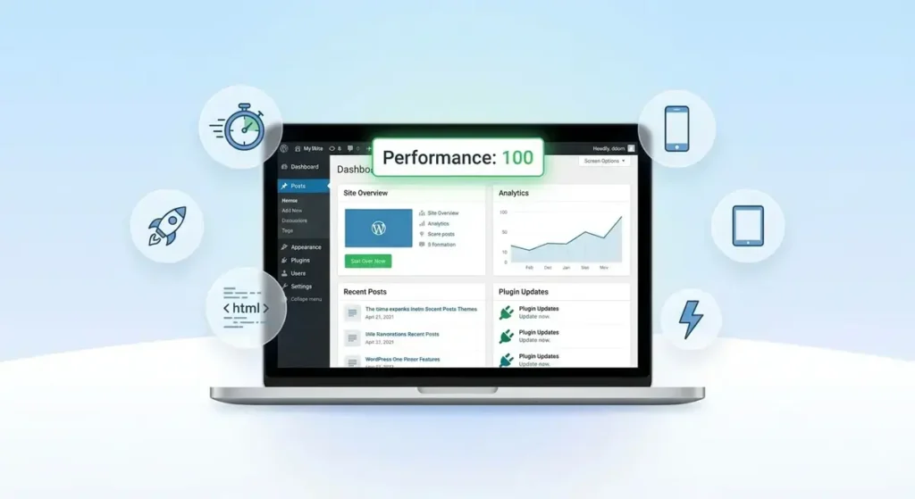 YonoPress WordPress theme dashboard showing fast page speed scores on laptop screen