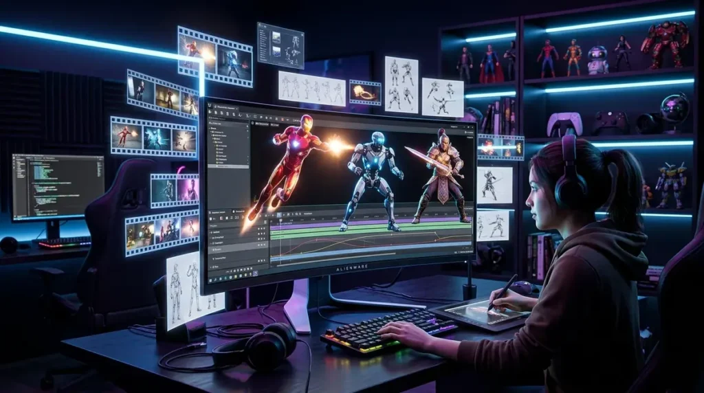 Colorful 3D game character animations displayed on a monitor timeline inside a Source Filmmaker compilation editing workspace