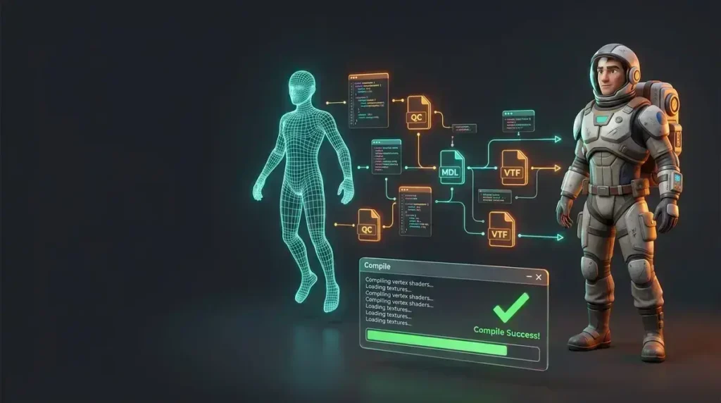 SFM compile process turning a wireframe 3D model into a textured character in Source Filmmaker